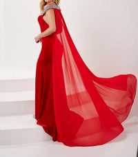 Tiffany Designs - Fitted Beaded Velvet Off Shoulder Shawl Gown