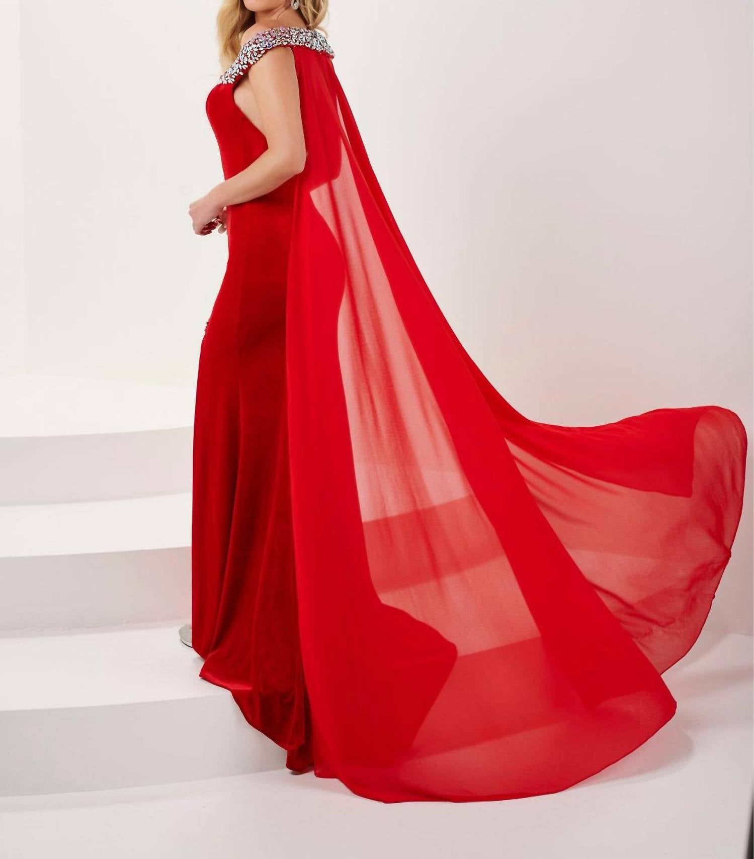 Tiffany Designs - Fitted Beaded Velvet Off Shoulder Shawl Gown