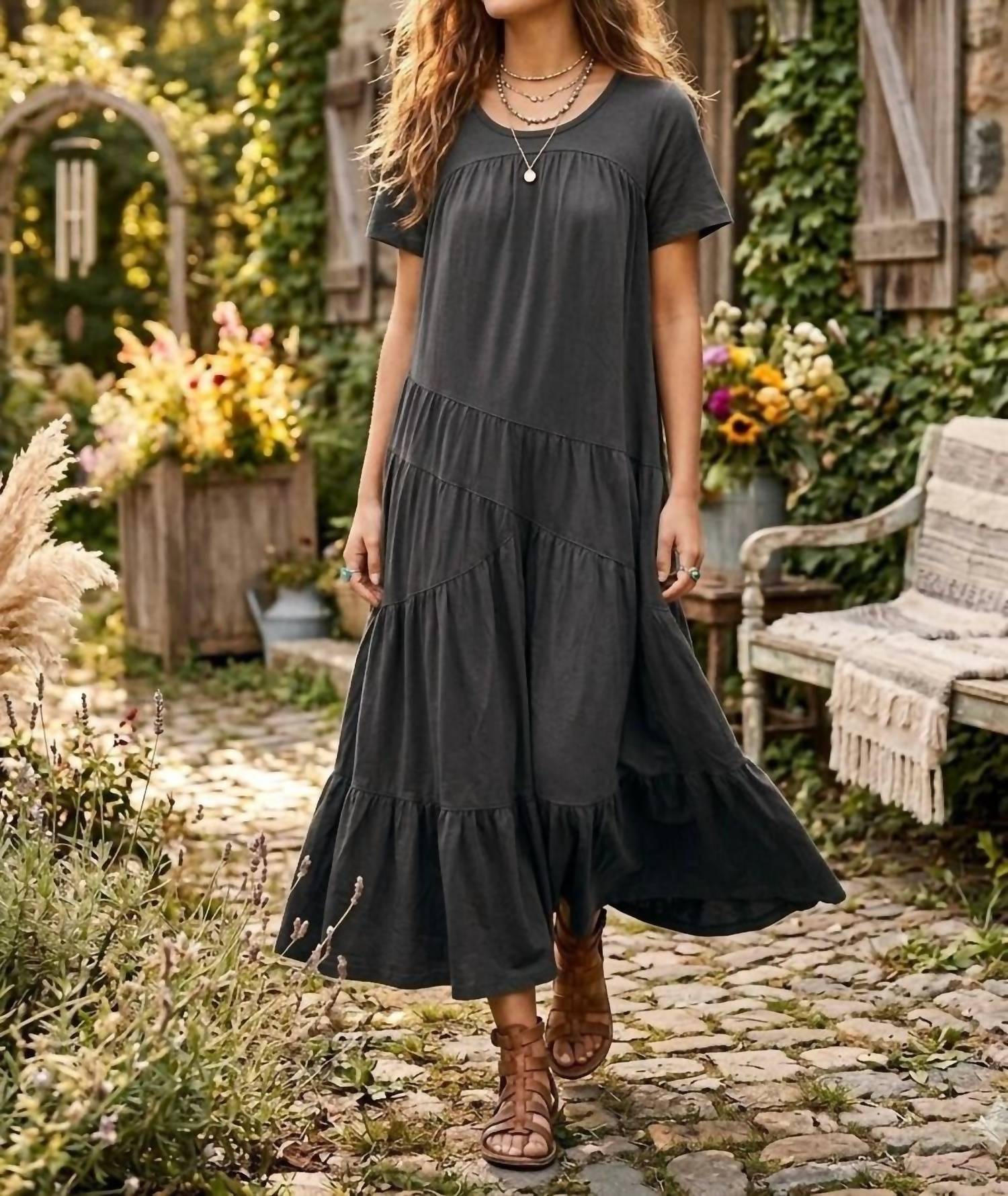 SurelyMine Savannah Vintage Relaxed Cotton Tiered Maxi Dress in black - women's dress