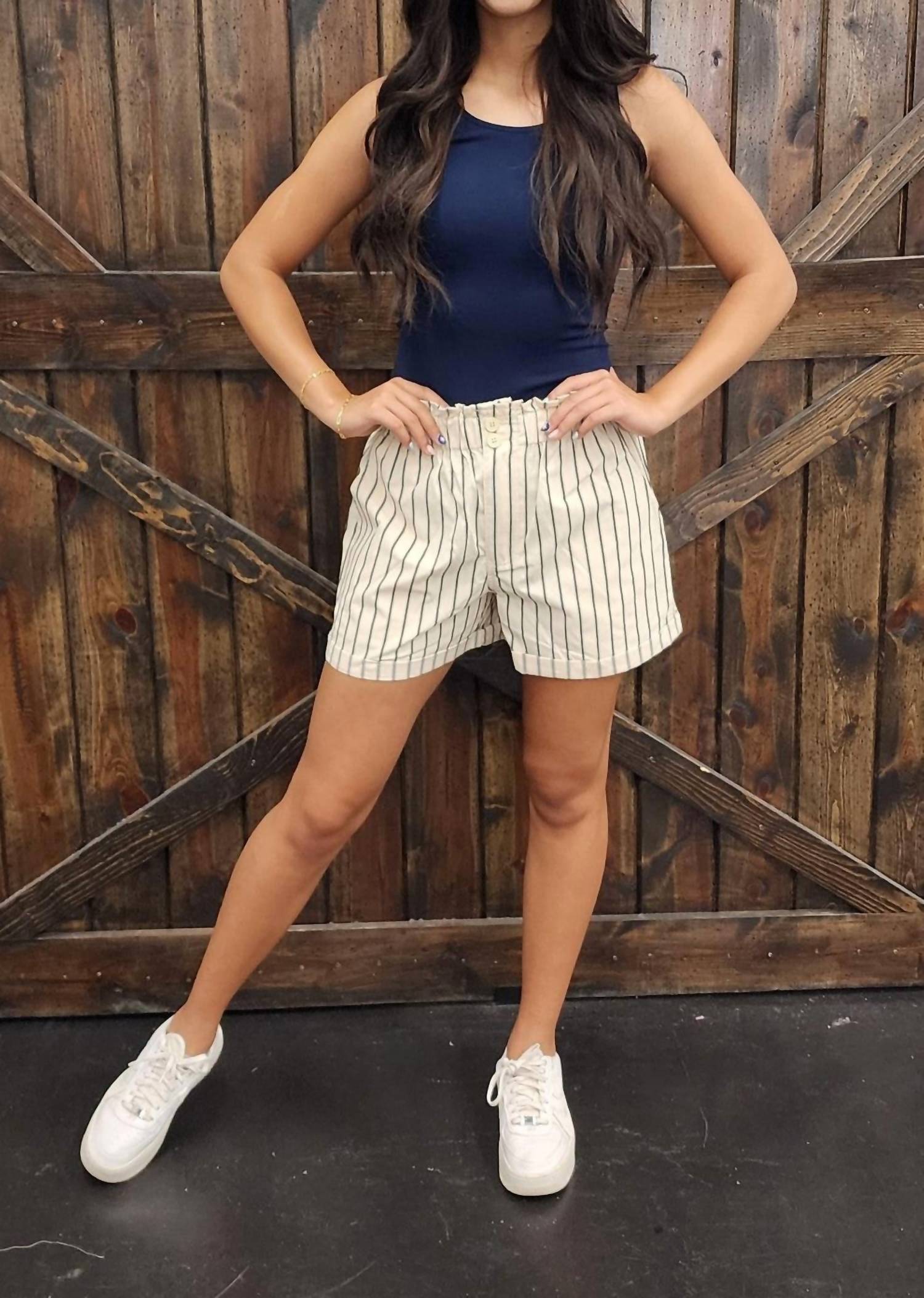 Bibi - Stripe Woven Waist Elastic Shorts