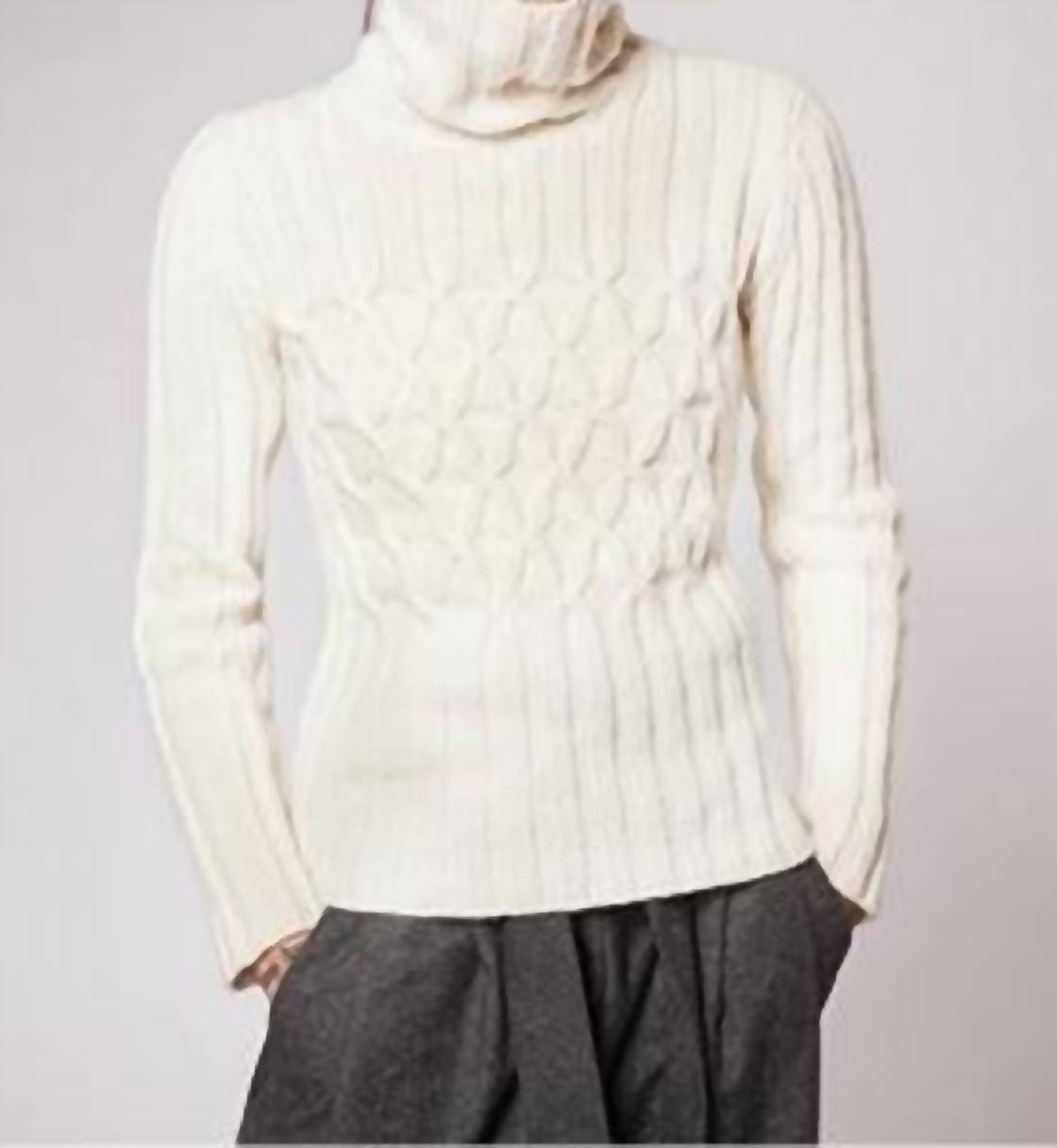 Fisherman Out of Ireland Women's Cabled Polo Neck Sweater in ecru - women's sweater - detail view