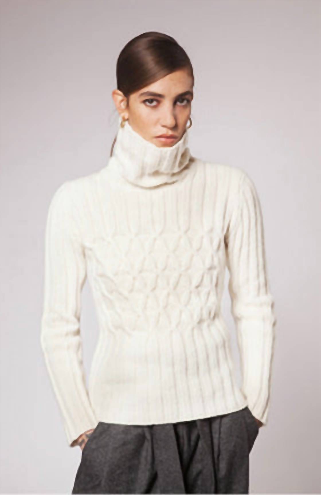 Fisherman Out of Ireland Women's Cabled Polo Neck Sweater in ecru - women's sweater - alternate view