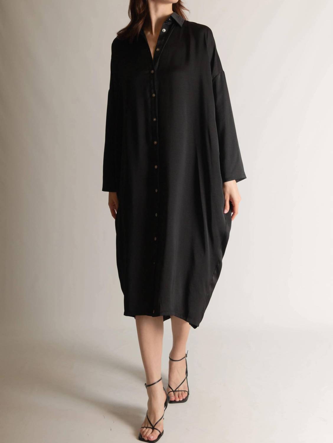 P.Cill - Satin Oversized Button Up Shirt Midi Dress