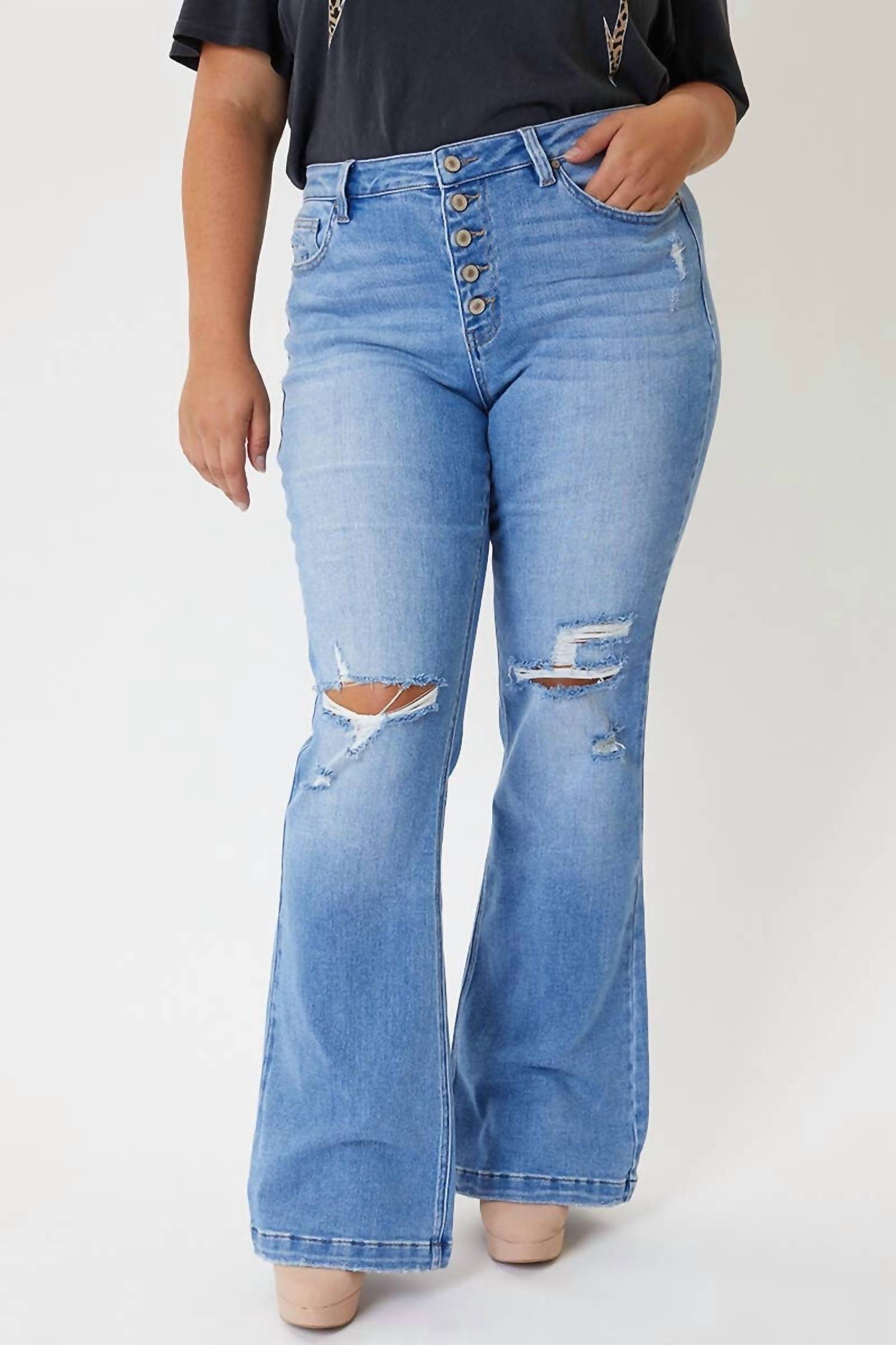 KanCan Women's Distressed Flare Jeans - Curvy in light wash - women's jeans