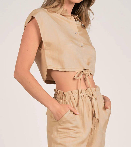 Elan - Crop Linen-blend Button Up Top