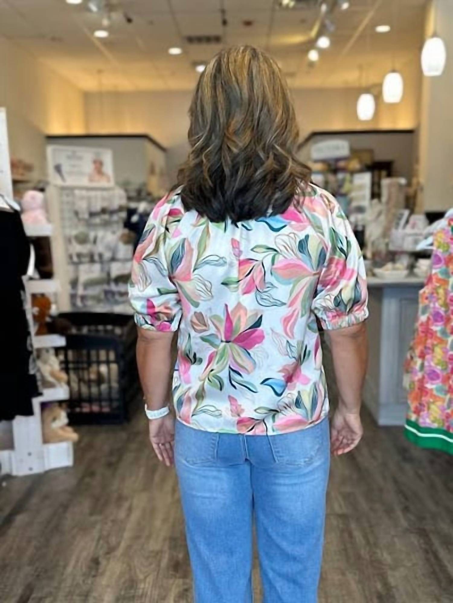 Thml - Floral Satin Short Sleeve Top With Contrast Bands