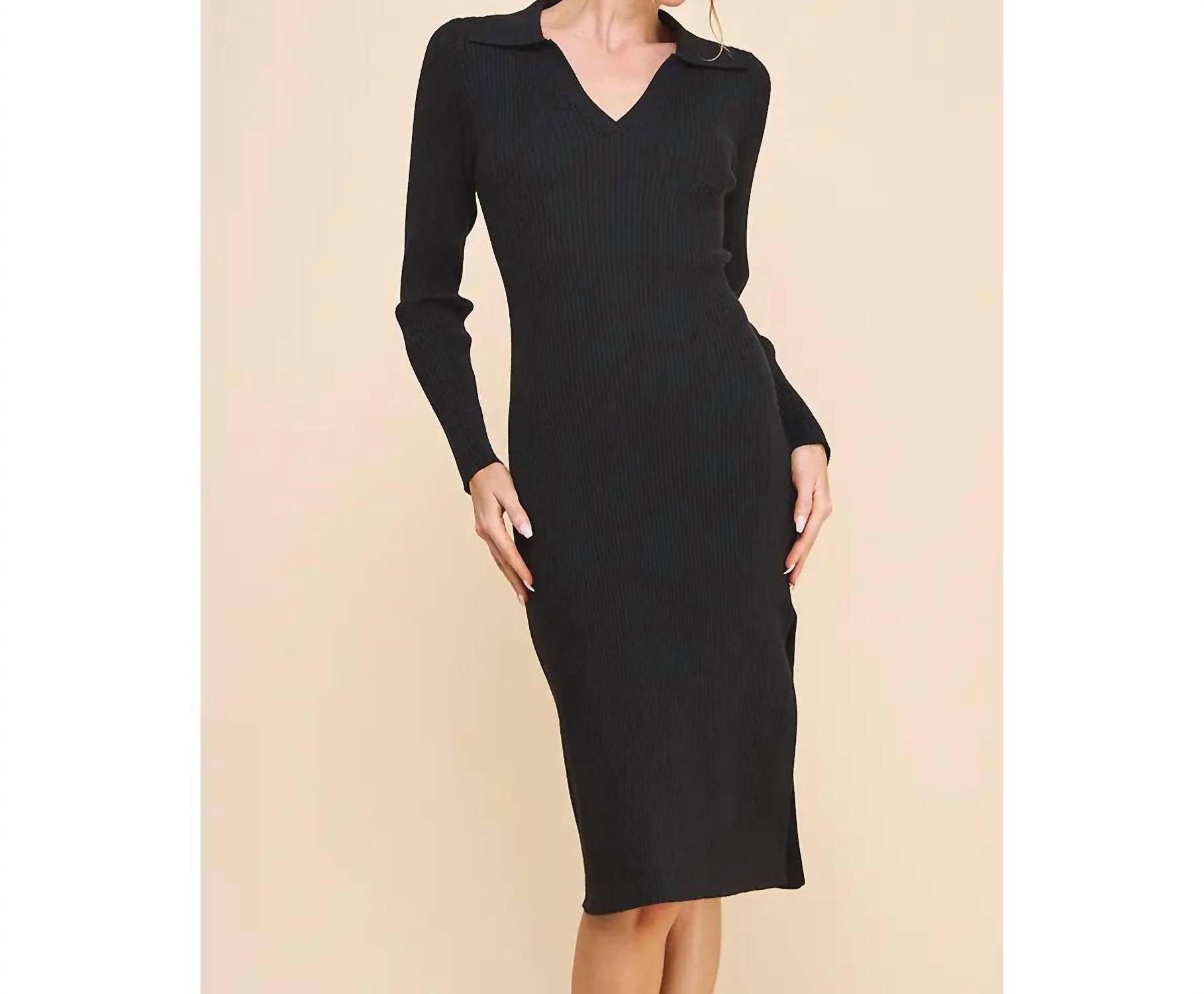 Allie Rose - Ribbed V Neck Collar Long Sweater Dress