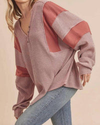 AEMI + CO Fern Lightweight Patch Henley Sweater in mauve - women's long sleeve top - alternate view
