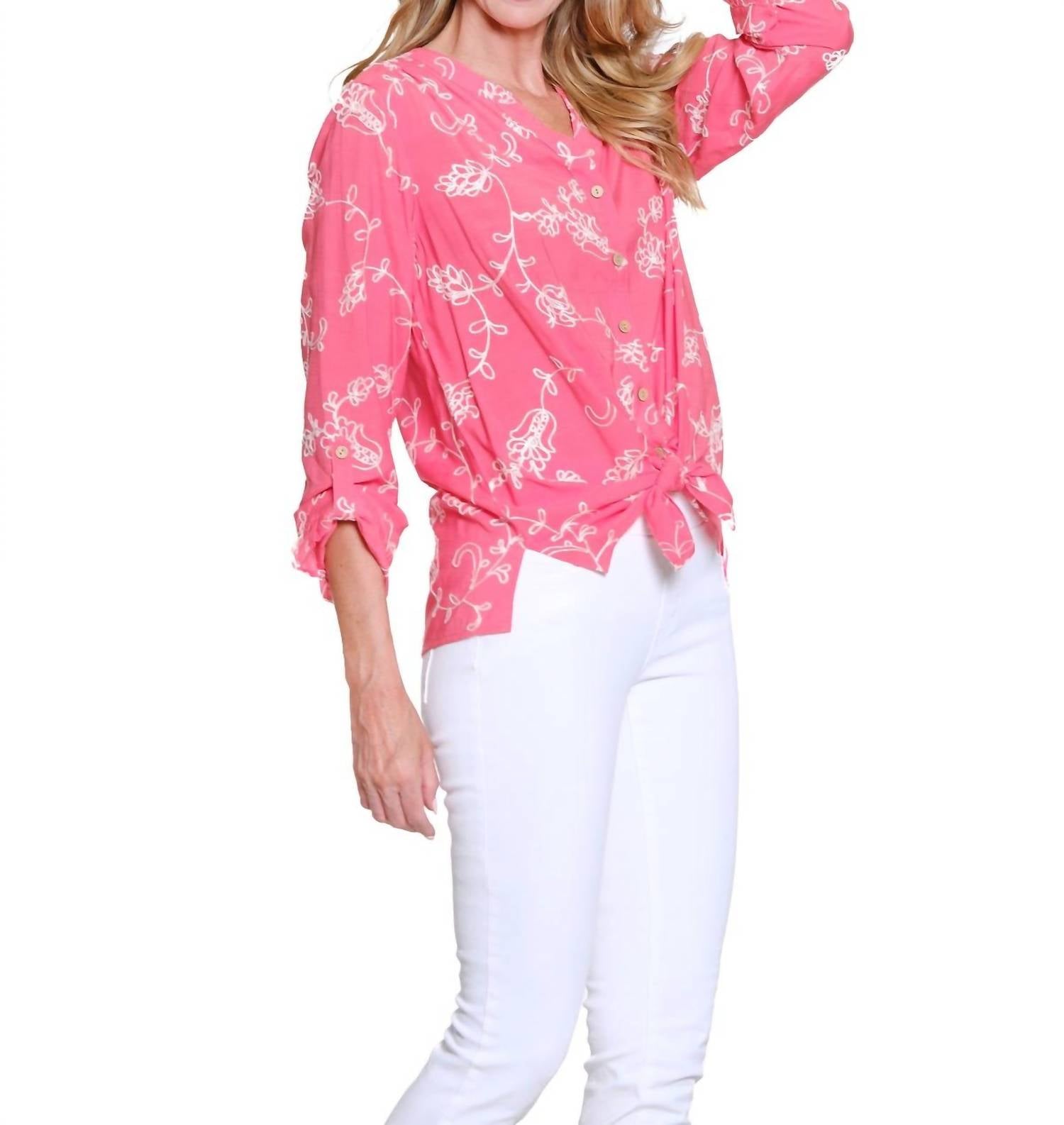 Multiples Petals Tie-front Blouse in coral pink - women's blouse - detail view