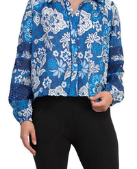 Elie Tahari - Women's Floral Collared Neckline Lace Trim Long Sleeves Top Blouse