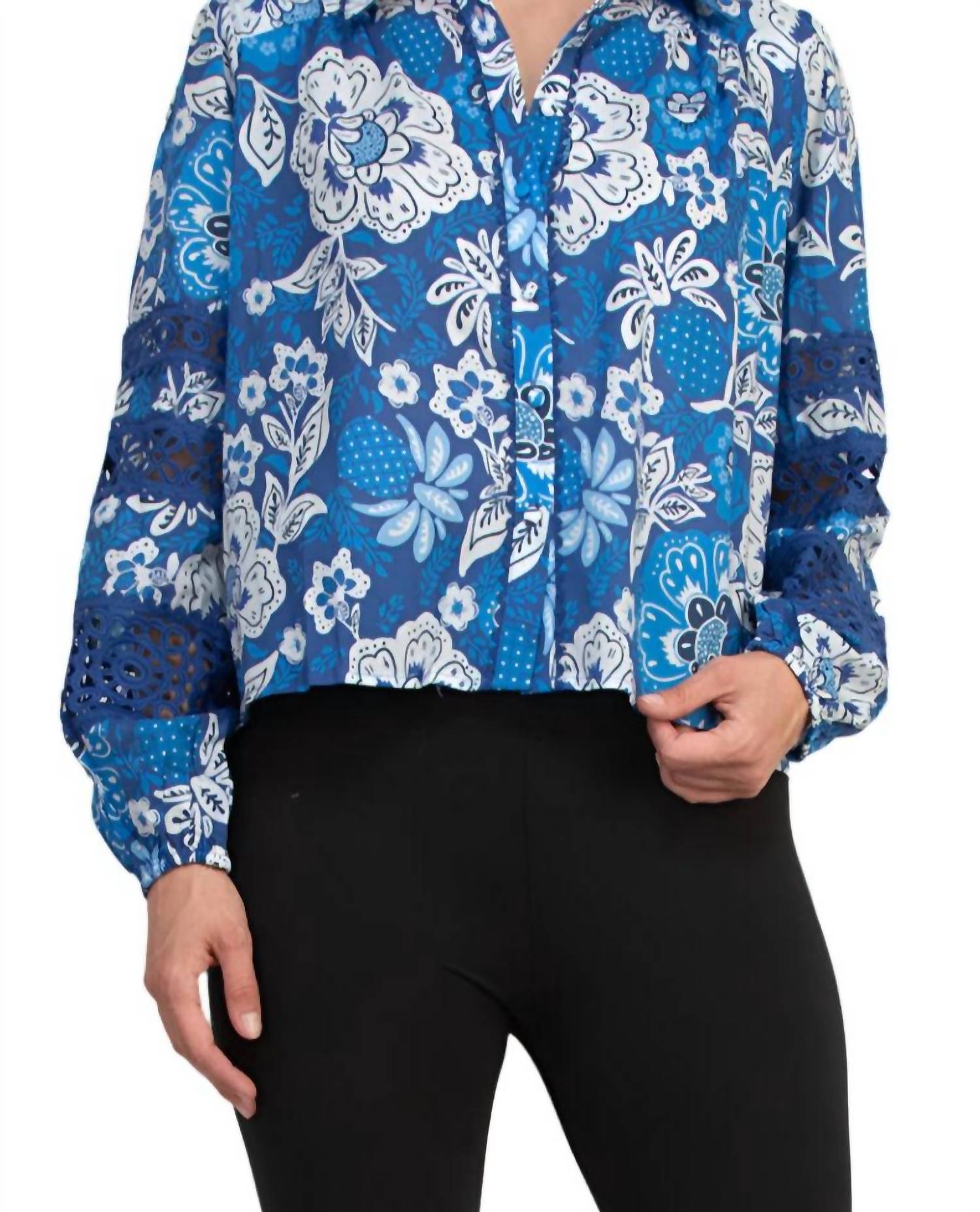 Elie Tahari - Women's Floral Collared Neckline Lace Trim Long Sleeves Top Blouse