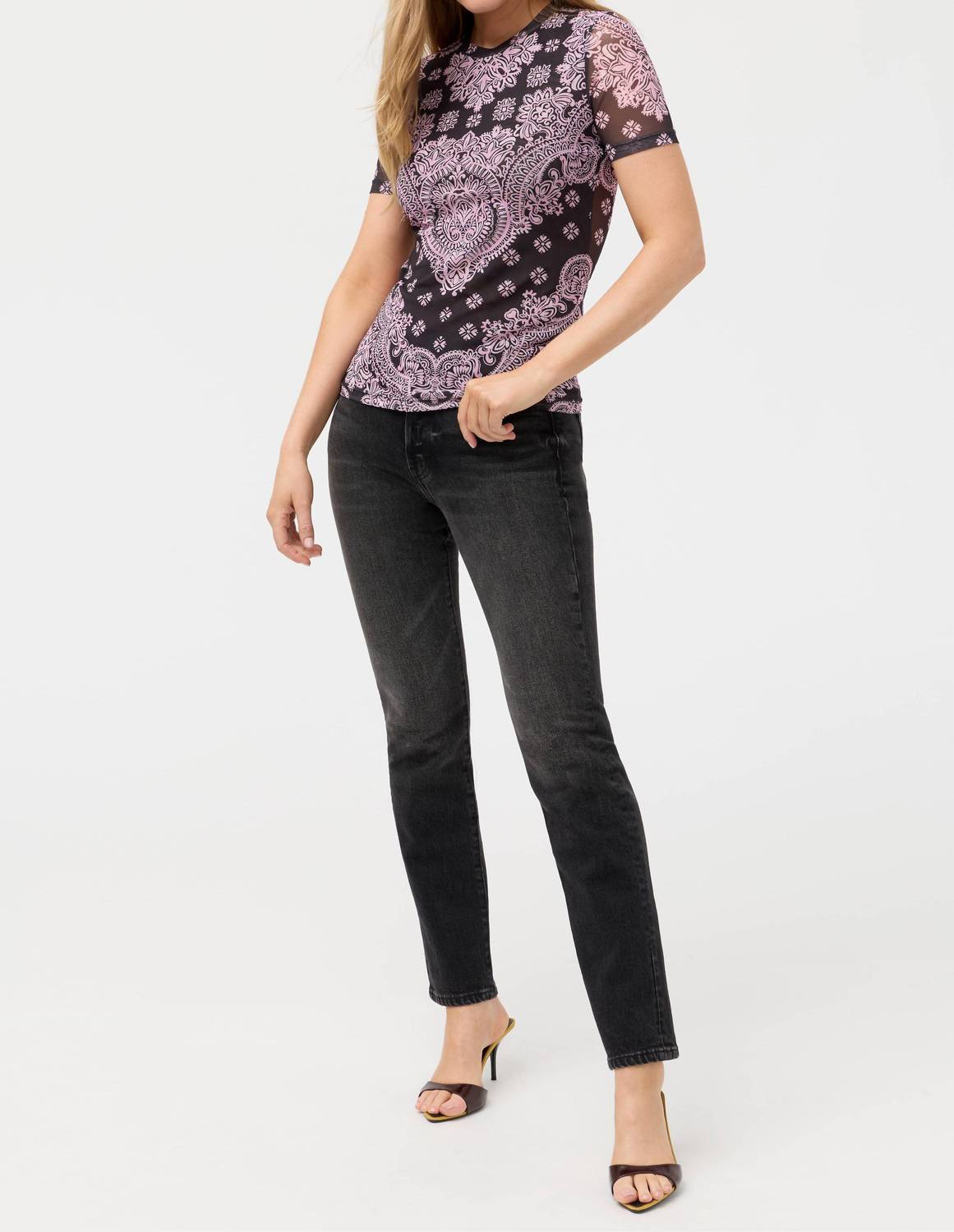 Johnny Was ELEANOR SHORT SLEEVE MESH TEE in tularose black - women's t-shirt - alternate view