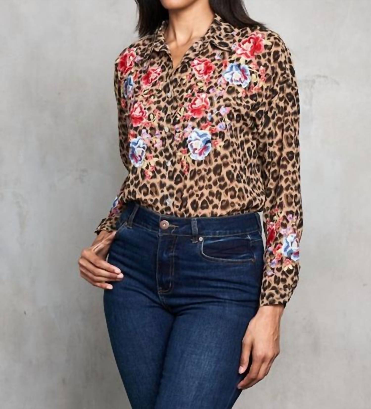 PAPARAZZI Georgette Embroidered Print Shirt in cheetah - women's shirt - detail view