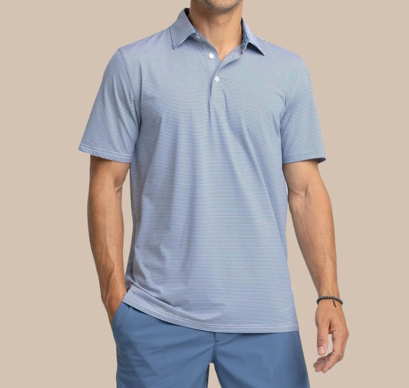 SOUTHERN TIDE Meadowbrook Stripe Polo in aged denim - men's shirt