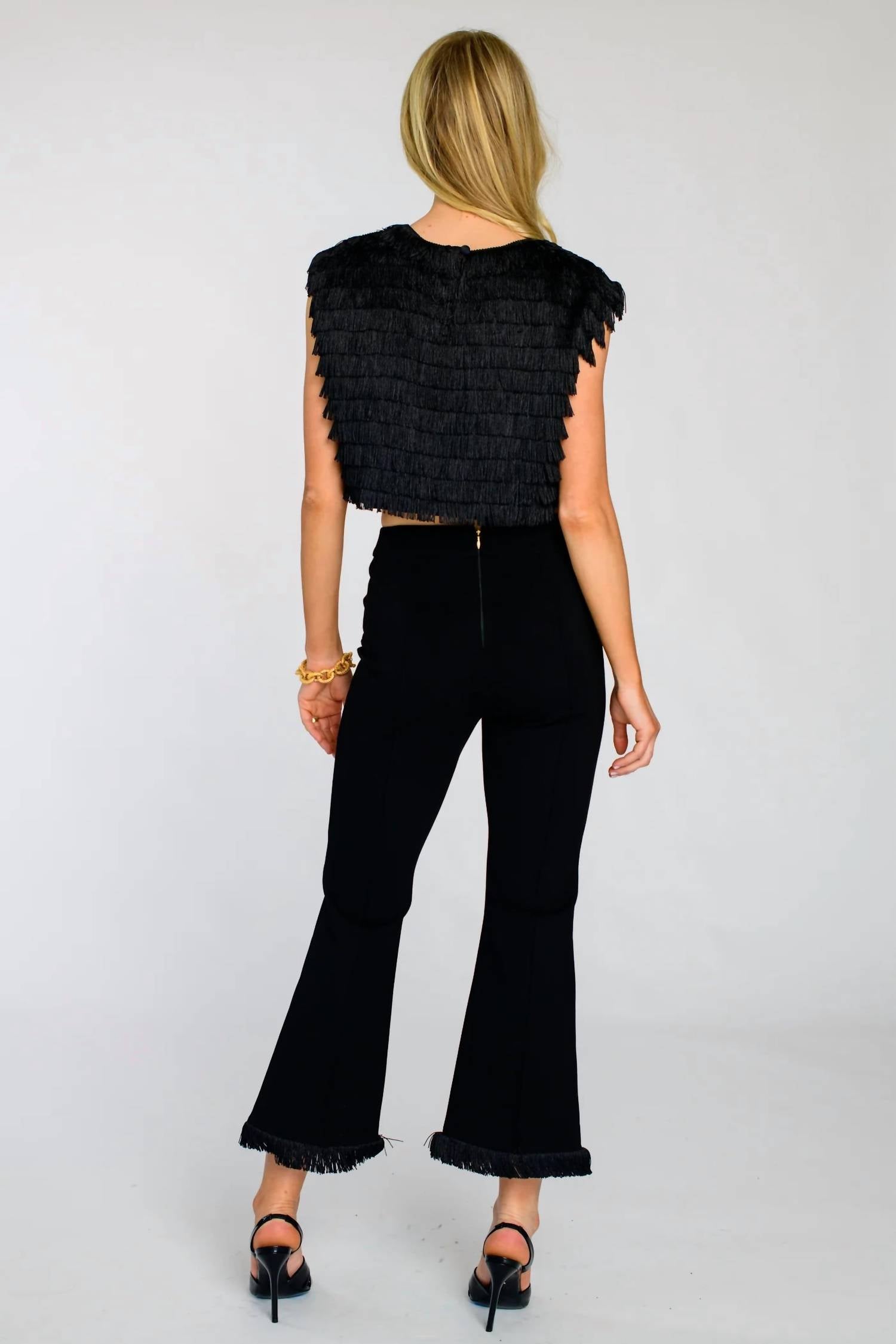 Elizabeth James The Label Jackie Cropped Top in black fringe - women's shirt - alternate view