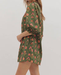 Entro - Floral Print 3/4 Sleeve Dress With Contrast Trim