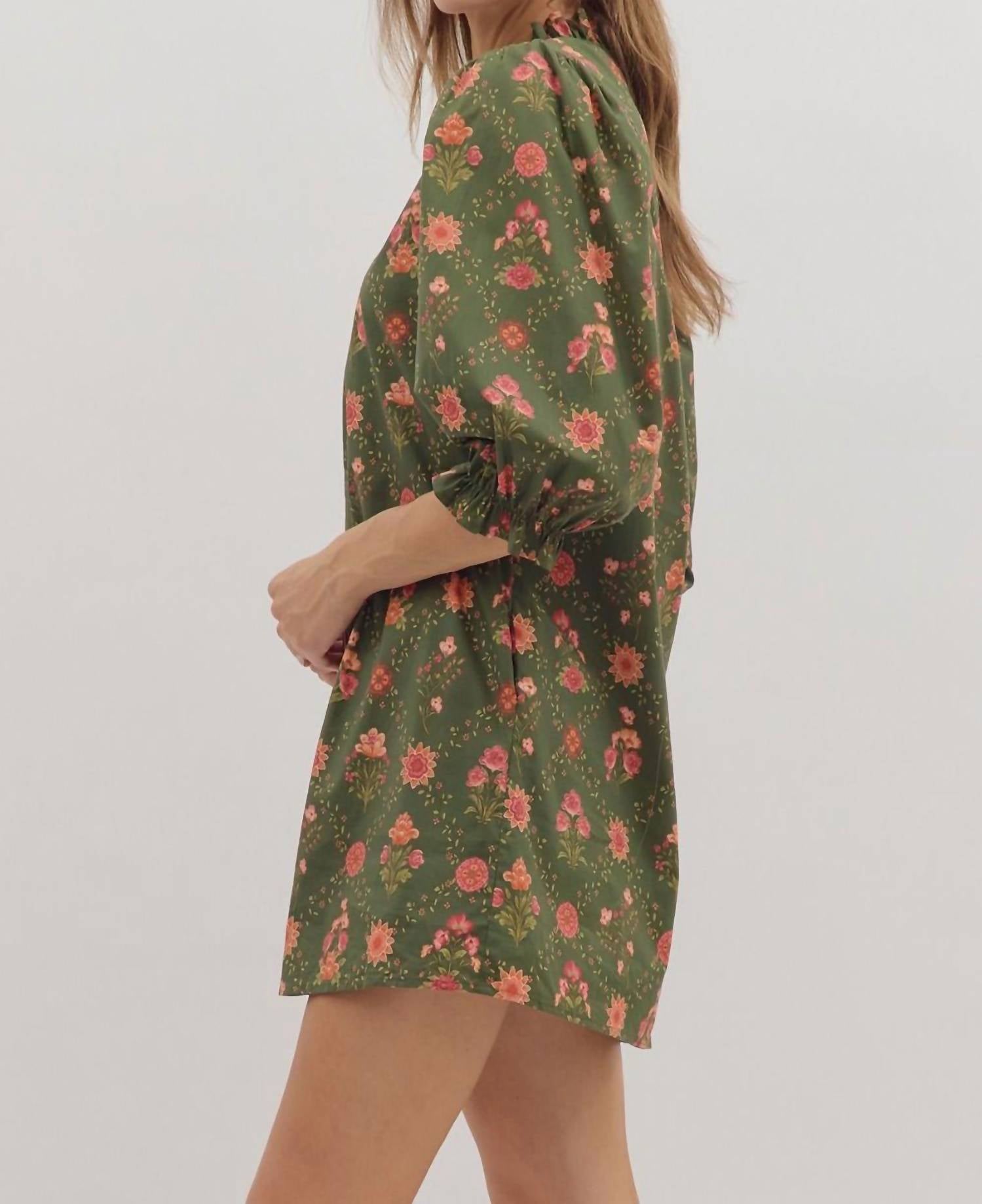 Entro - Floral Print 3/4 Sleeve Dress With Contrast Trim