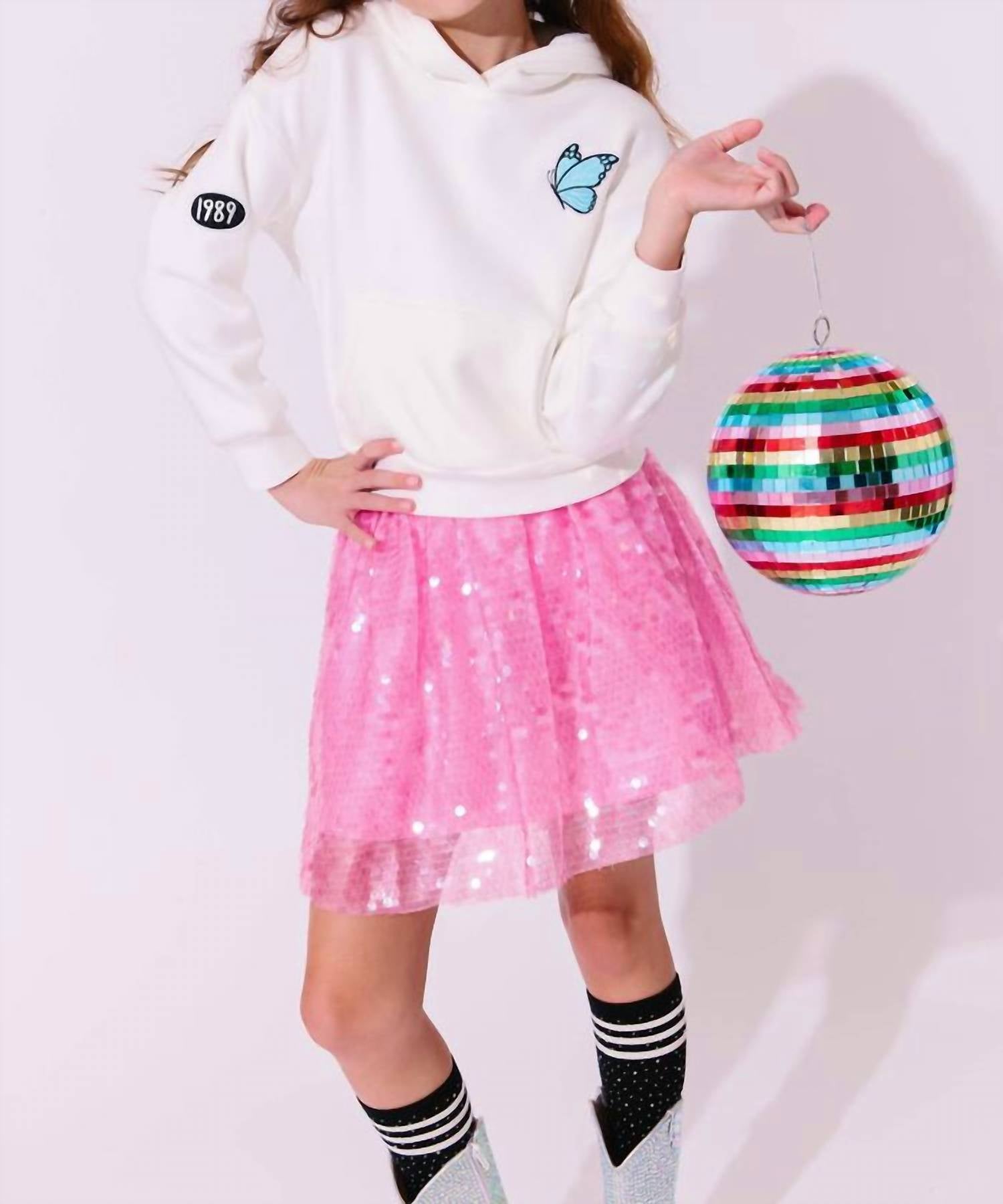 Lola + The Boys Swiftie Lovers Hoodie in white pink - kids' shirt - detail view