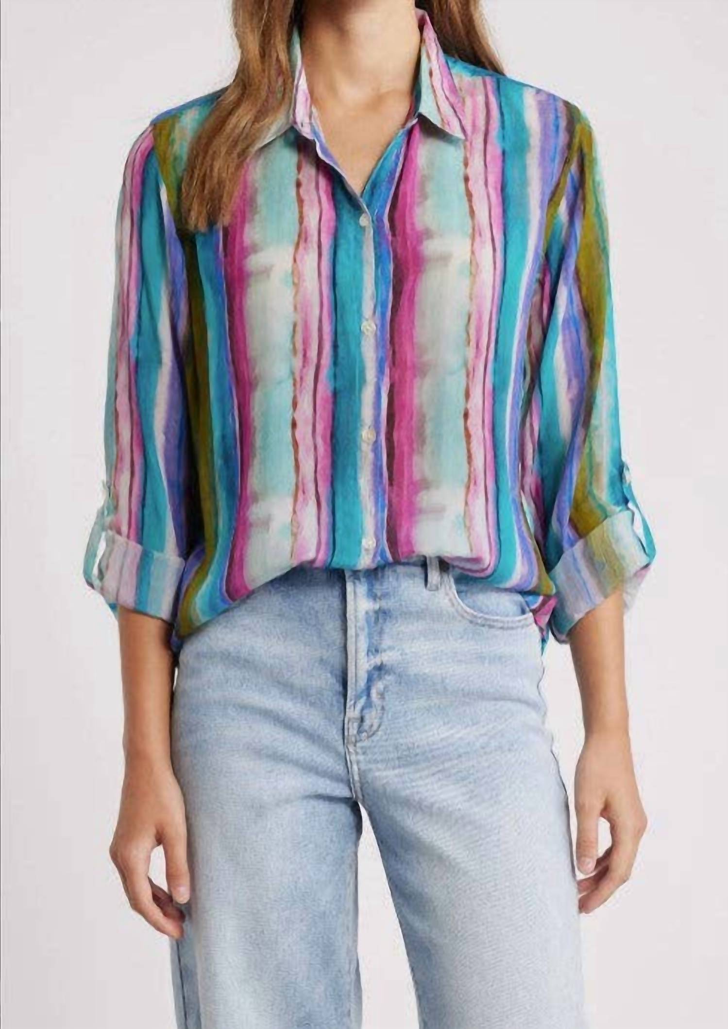 Apny - Button-up With Roll-up Sleeve Pattern Top