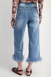 Easel Fur Bottom Hem Stretch Denim Pants in blue - women's jeans - detail view