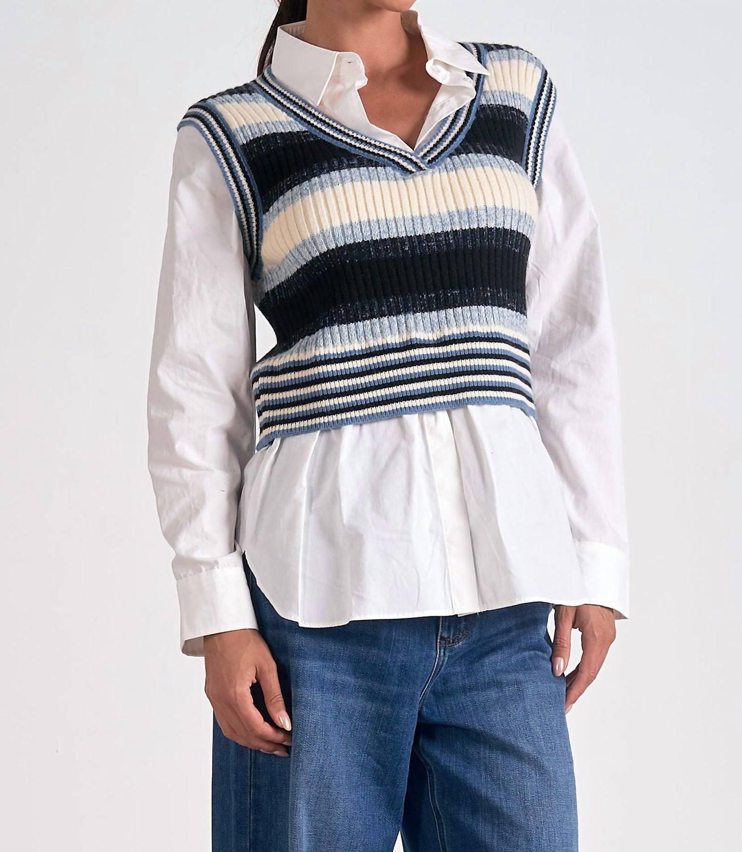 Elan - Kaia Sweater Vest Collar Top Set