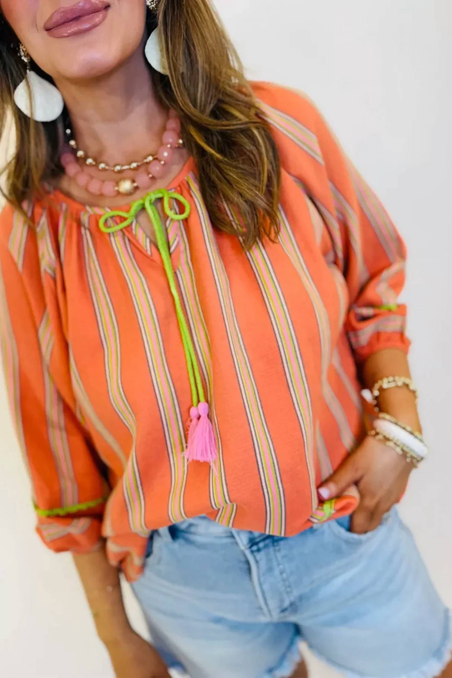 La Society - Striped Fringe Tie Neck Blouse
