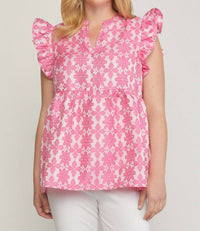 entro Floral Jacquard Ruffle Top in pink - women's blouse
