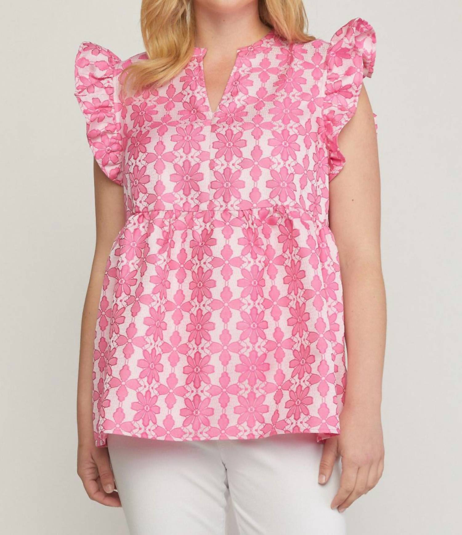entro Floral Jacquard Ruffle Top in pink - women's blouse