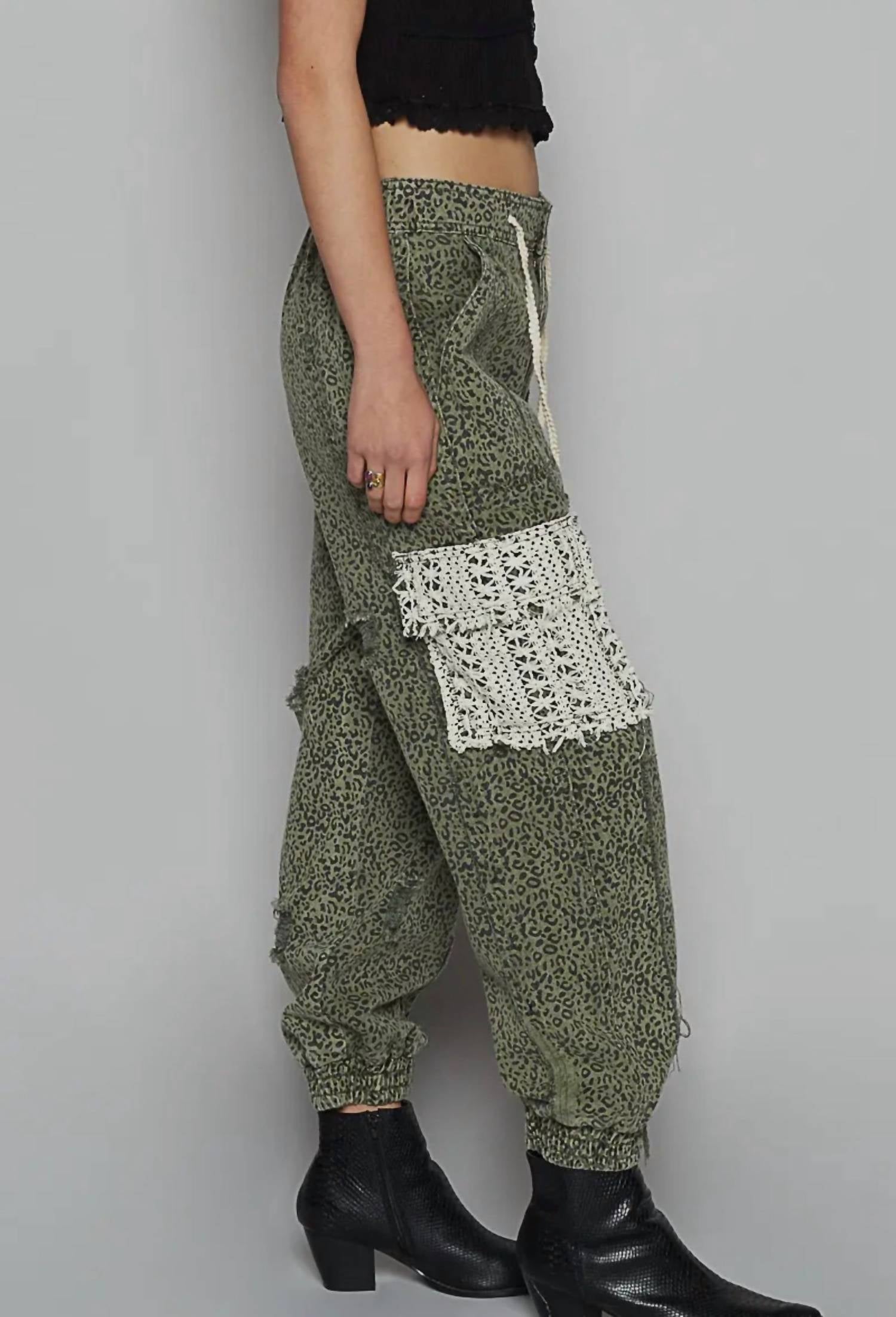 POL Animal Print Jogger in washed green - women's pants - detail view