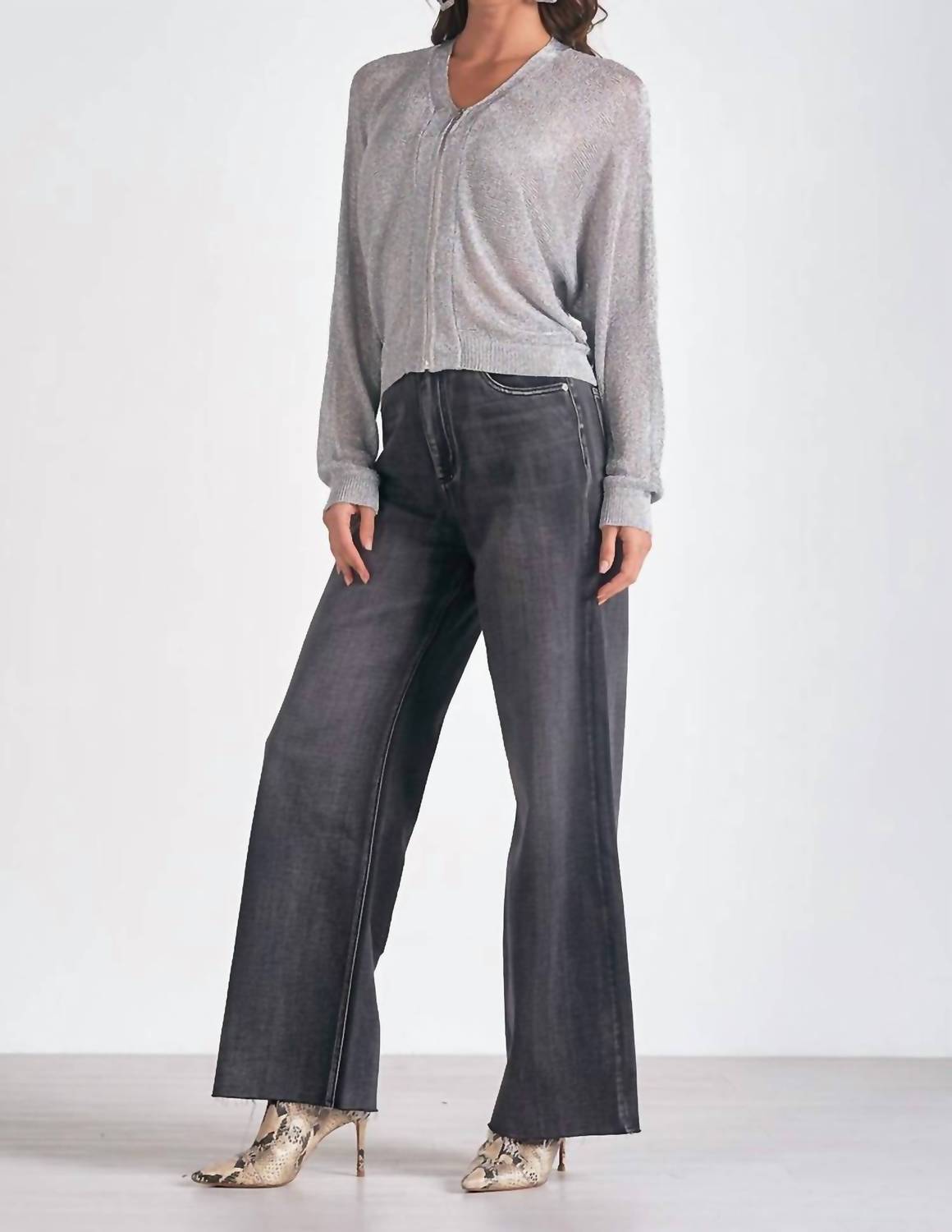 ELAN Metallic Zip Cardigan Sweater in silver - women's cardigan - detail view