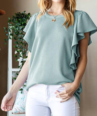Heimish Usa - Ruffled Sleeve Solid Ribbed Top