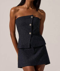 ASTR Moina Asymmetrical Strapless Tweed Top in denim blue - women's shirt
