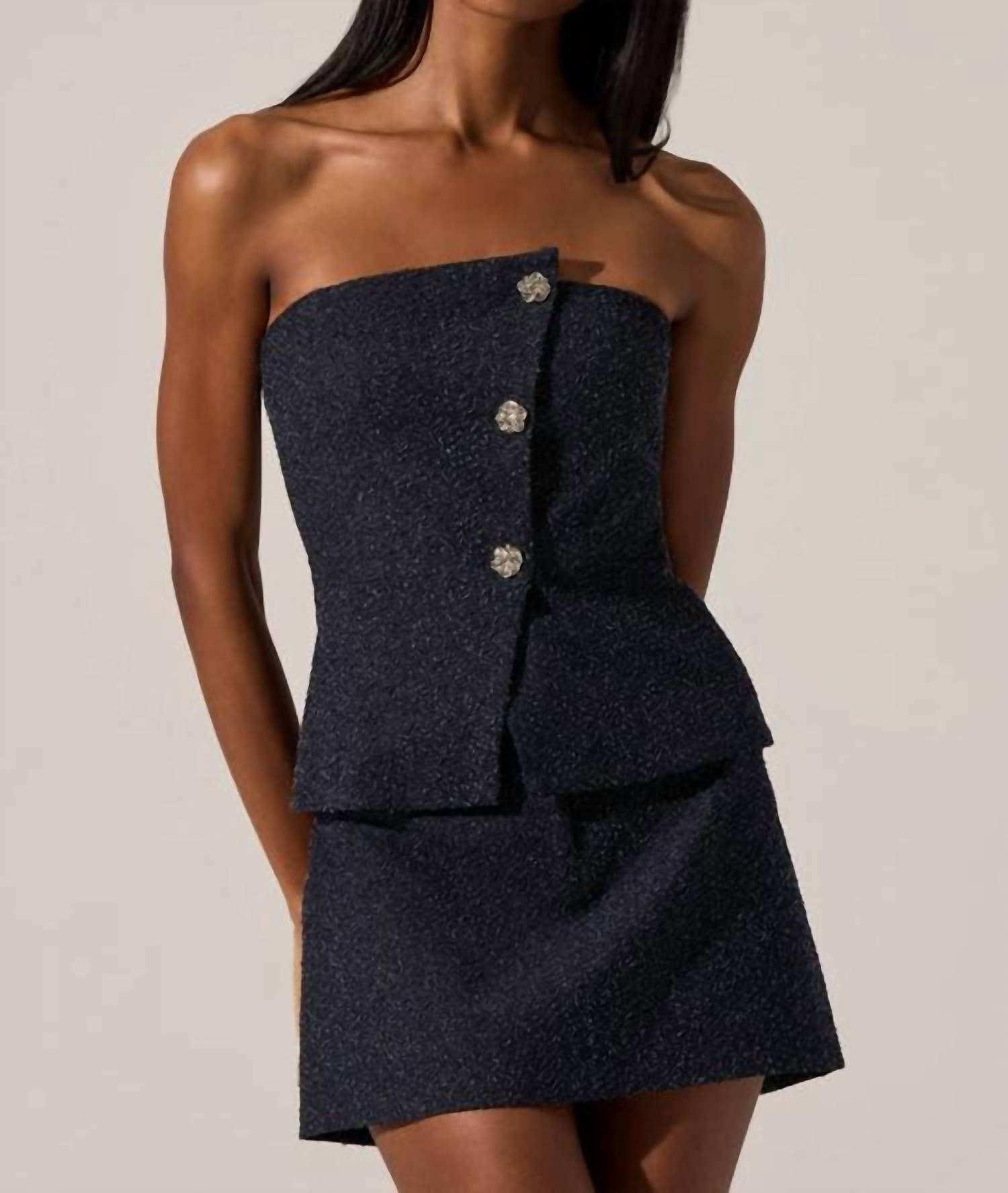 ASTR Moina Asymmetrical Strapless Tweed Top in denim blue - women's shirt