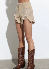 Blue B - Distressed Frayed Detail Fringe Rhinestone Denim Shorts