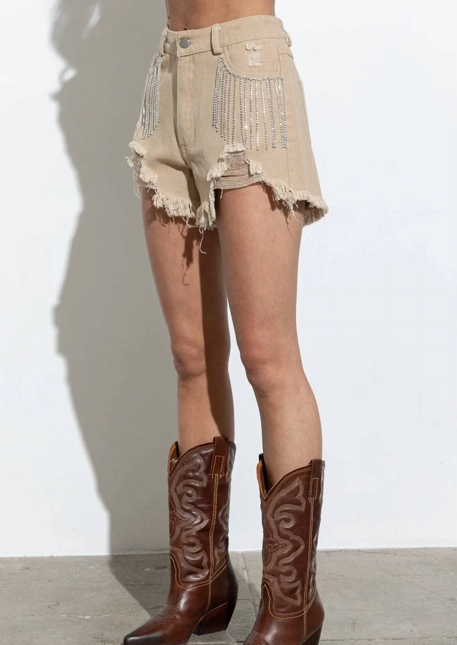 Blue B - Distressed Frayed Detail Fringe Rhinestone Denim Shorts