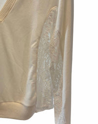 red haute Women's Lace Trim Sweater in ivory - women's sweater - detail view