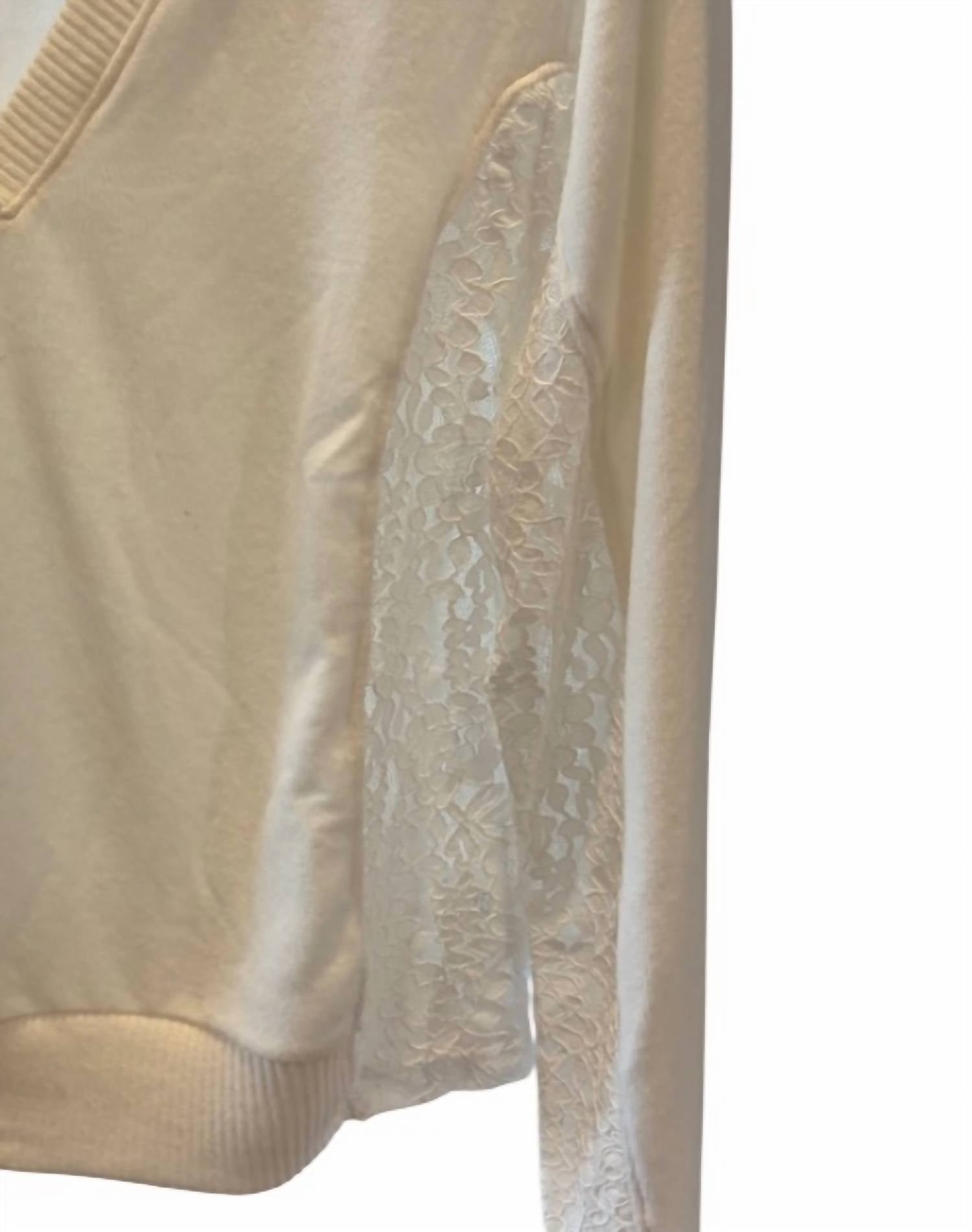 red haute Women's Lace Trim Sweater in ivory - women's sweater - detail view