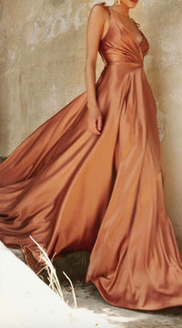 Ladivine Long Satin V-neck Dress in sienna - women's dress - alternate view