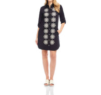 Karen Kane - Petite Size Roll Tab Embroidered Mini Shirtdress