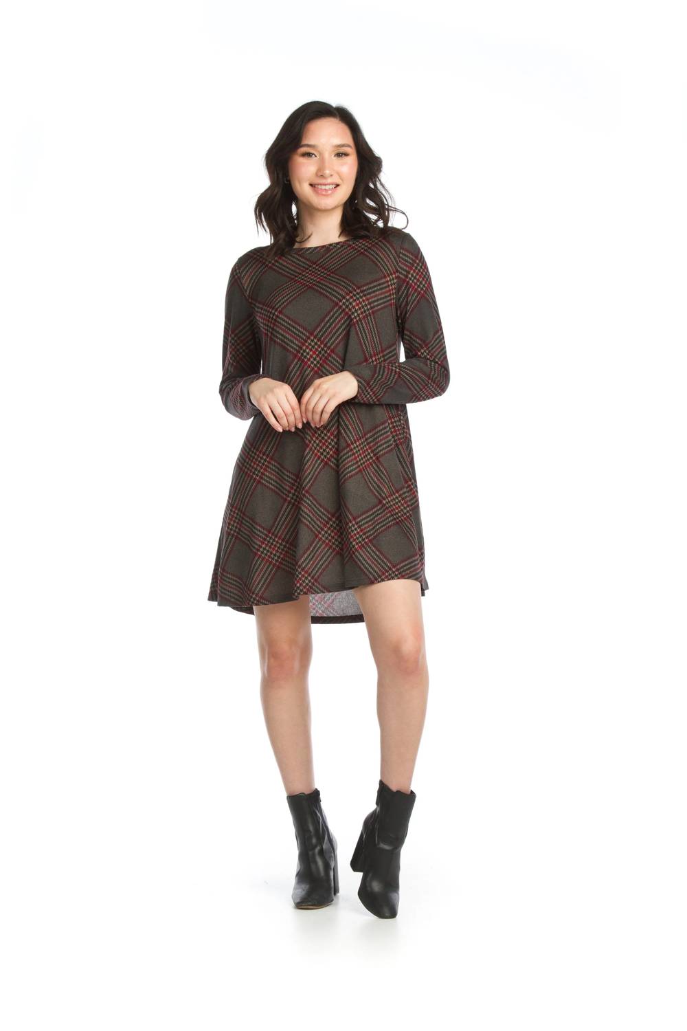 Papillon - Plaid Knit A-line Sweater Dress With Pockets