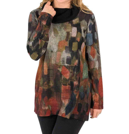 Mix Print Contrast Cowl Neck Tunic Sweater