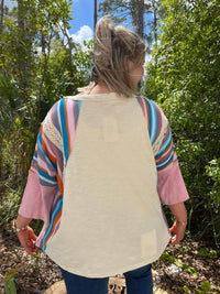 Easel - Mineral Wash Quarter Sleeves Multi Stripe Top