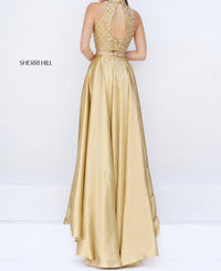 Sherri Hill Two Piece Beaded Halter High Slit Gown in gold - women's dress - alternate view