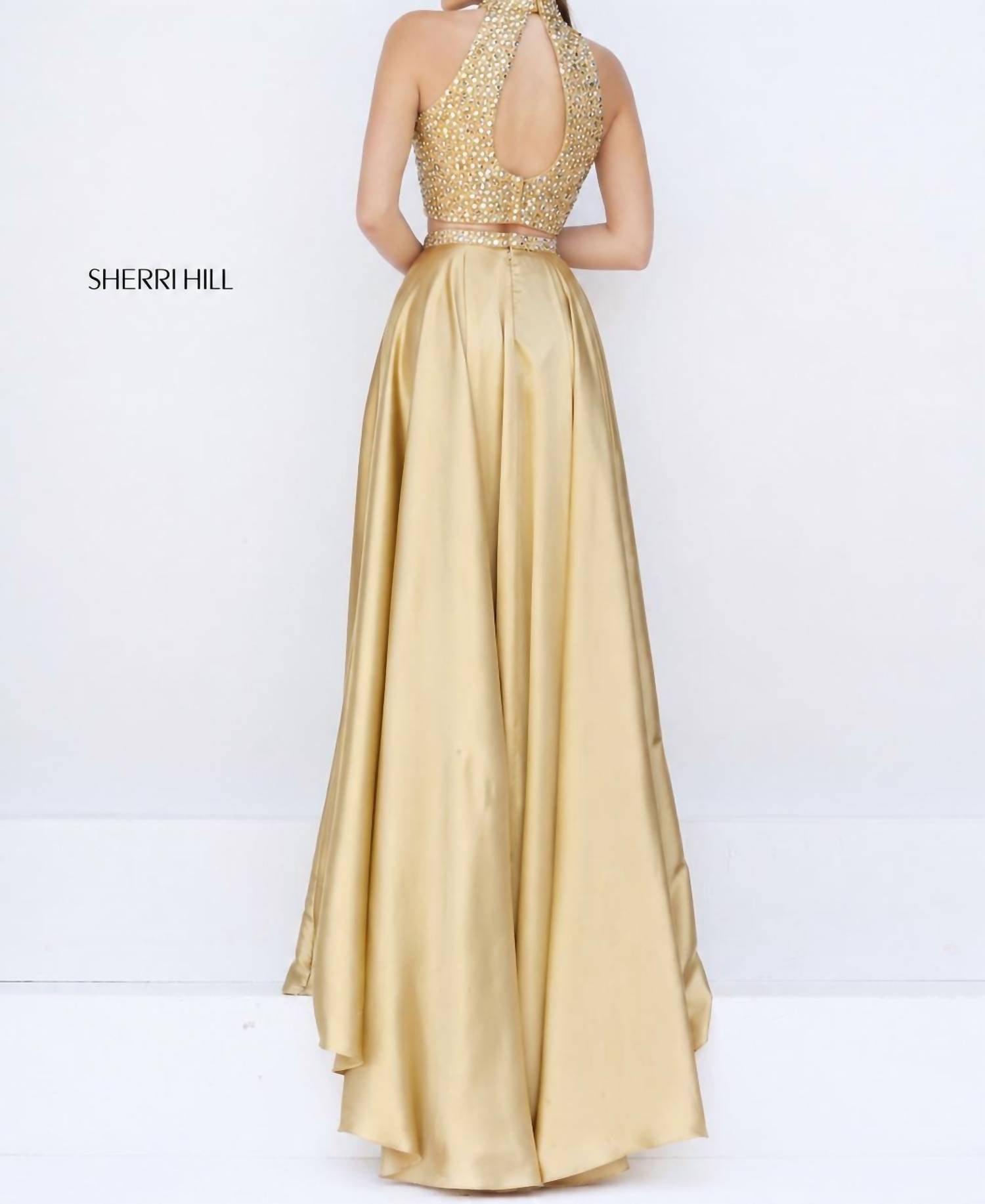 Sherri Hill Two Piece Beaded Halter High Slit Gown in gold - women's dress - alternate view