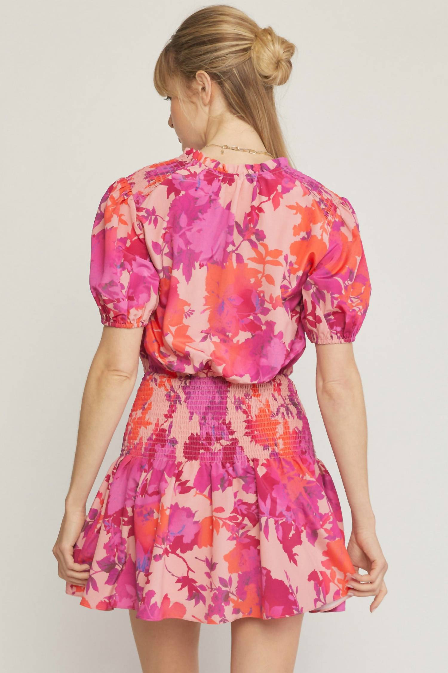 entro Floral Smocked Waist Dress in peach - women's dress - detail view