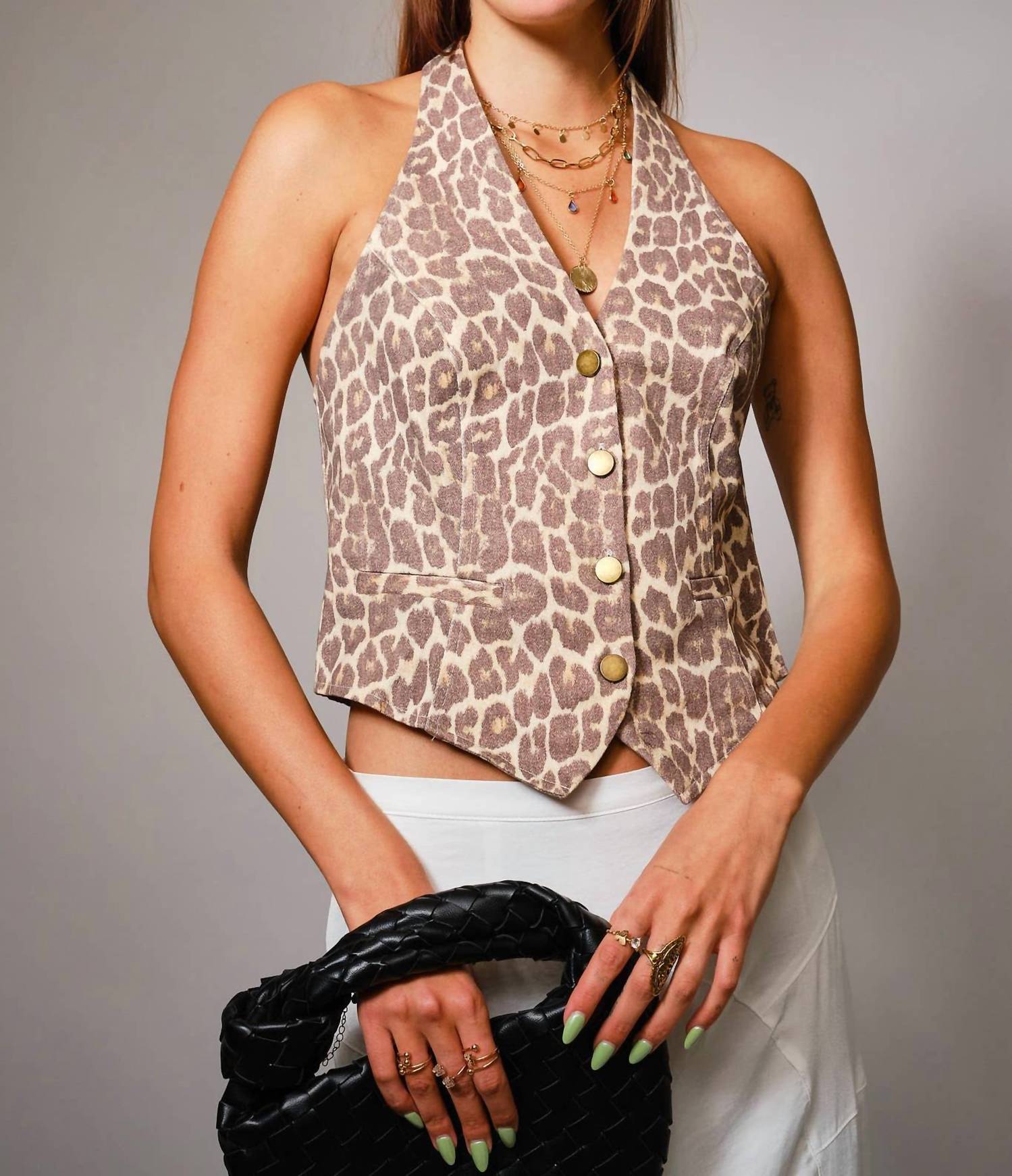 Blue B Soft Twill Pattern Halter Neck Vest in leopard - women's jacket