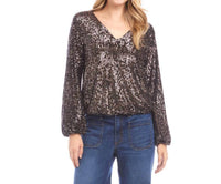 Karen Kane Blouson Sleeve Sequin V-Neck Top in brown - women's blouse