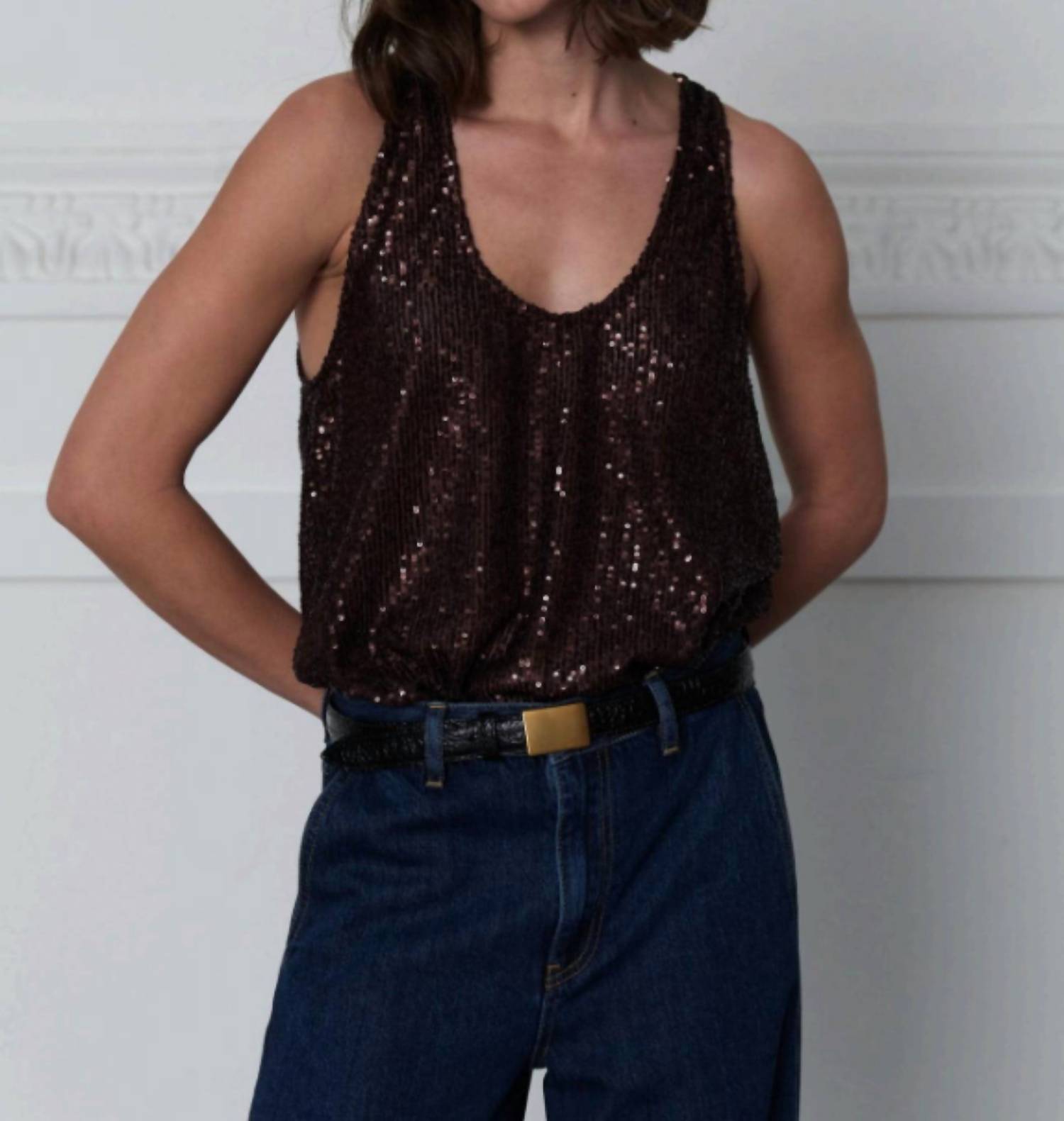 SECULAR Sequin Tank Top in chocolate - women's tank top