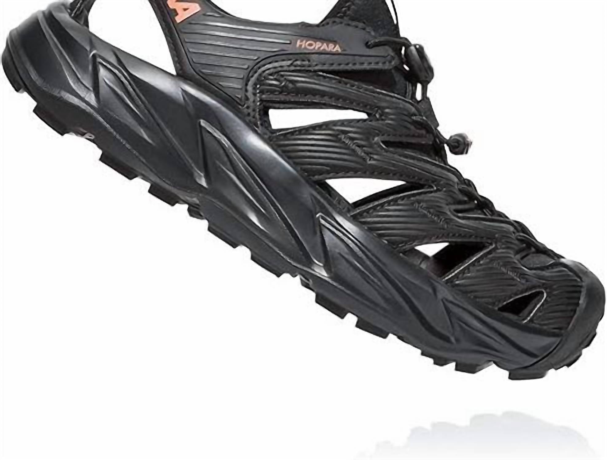 Hoka Women's Hopara Hiking Sandals in black fusion coral 1 - women's sandal - detail view