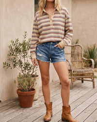 Sewn And Seen - Oversized Striped Lightweight Polo Top
